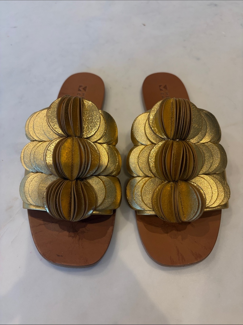 MERCEDES CASTILLO Gold Leather Decorative Slide Sandals